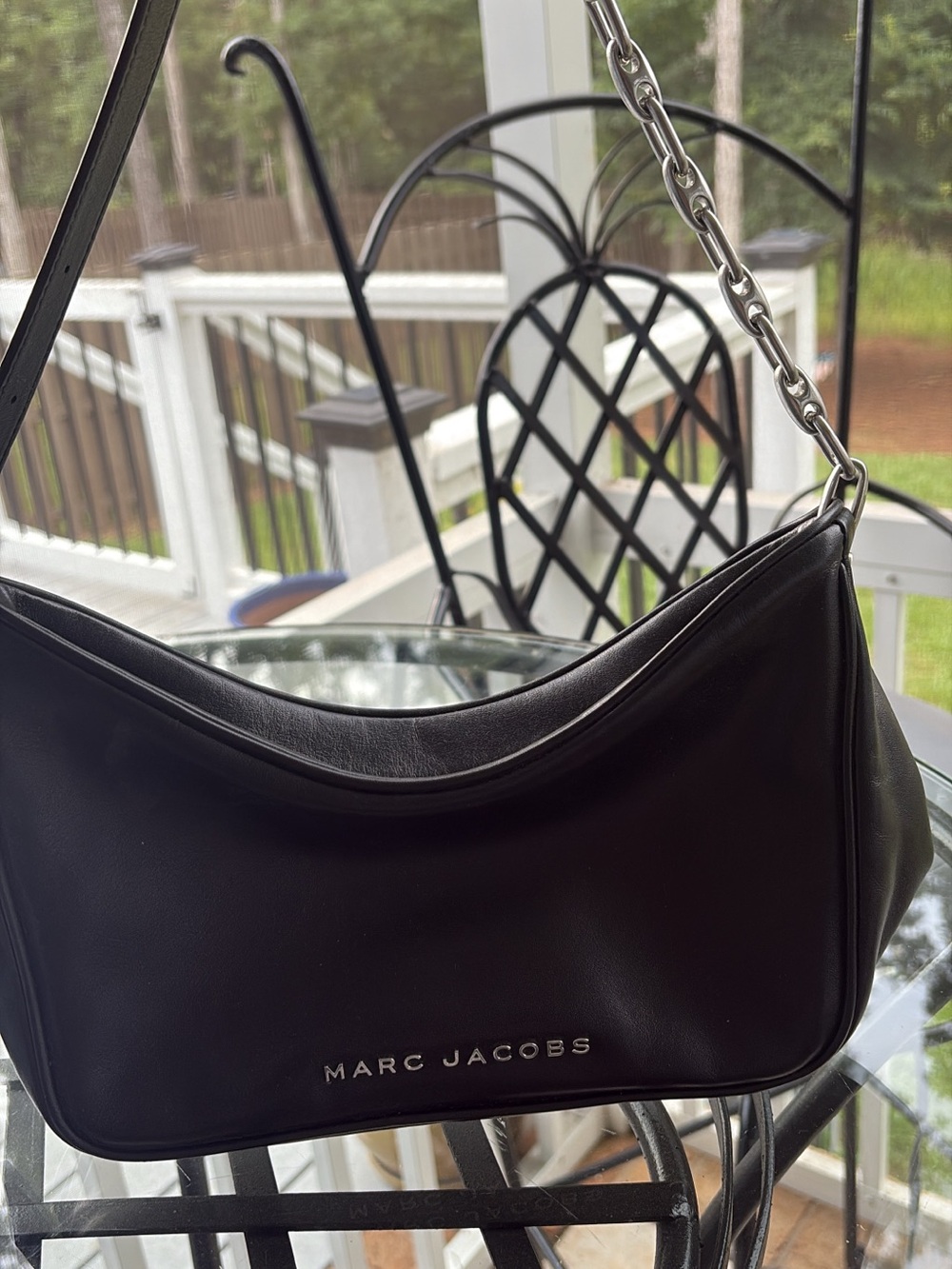 Marc Jacobs Black Leather Shoulder Bag with Silver Chain Strap